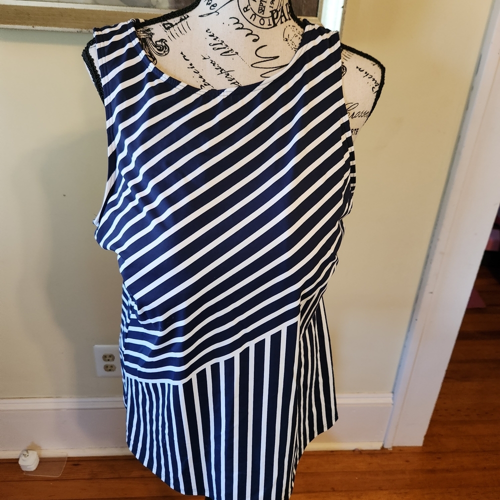 Lands' End Navy and White Striped Tankini Top